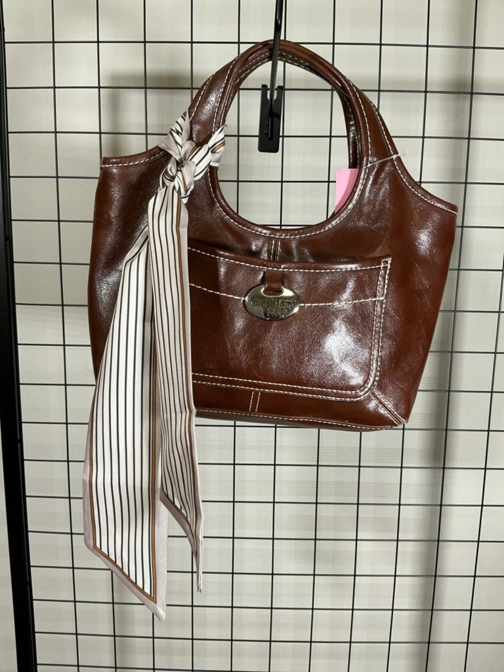 Nine West Brown Leather Top Handle Handbag Classic Structured + Scarf Accent